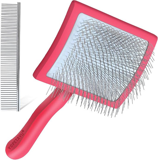 Dog Slicker Brush for Shedding and Grooming Medium or Long Haired Cats, Extra Long & Soft Pin Slicker Brush for Removes Loose Hair, Tangles, Knots, Undercoat, Free Pet Comb, Large Red