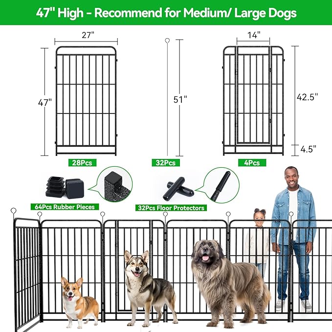 Dog Playpen Outdoor 32 Panels Heavy Duty Dog Fence 47" Height with Thick Pipe Anti-Rust with Doors Portable for RV Camping Yard, Total 71FT, 406 Sq.ft, Snowy Black