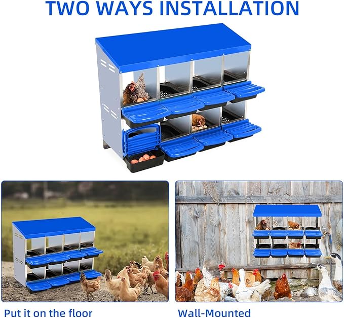 Chicken Nesting Boxes, 8 Hole Metal Chicken Laying Box with with Removable Trays and Roll Out Egg Collection for Chicken Coop, Blue