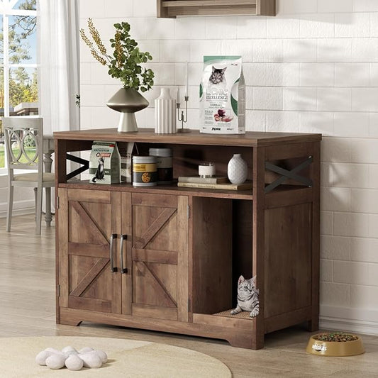 Cat Litter Box Enclosure, Hidden Litter Box Furniture with Scratch Pad, Farmhouse Indoor Cat House Washroom End Table, Retro Brown