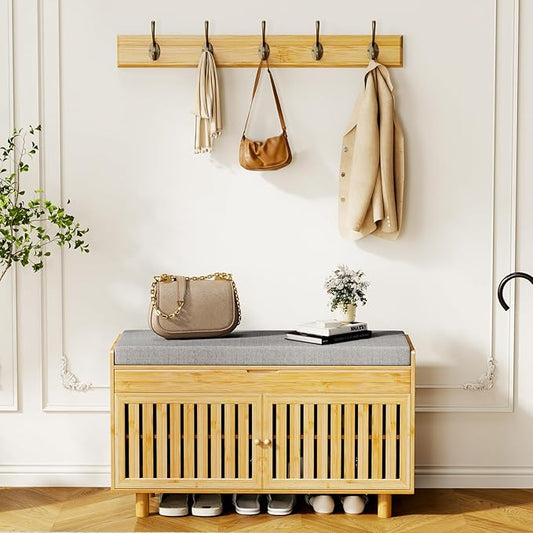 Coat Rack Shoe Bench Set, Bamboo Shoe Storage Bench with Seat Cushion & 5 Hooks, Hall Tree Entryway Bench with Lift Top Hidden Storage, 35.4" W x 12.6" D x 19.7" H, for Entryway, Living Room, Bedroom