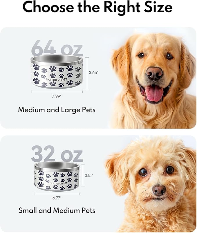 Dog Bowl, HomeRunPet Dog Food Water Bowl with Non-Slip Rubber Base, Metal Insulated Stainless Steel Dog Bowls, Double Wall Dog Bowl for Small Medium Large Dogs, Durable, Dishwasher Safe, 32oz
