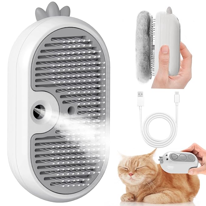 Cat Steam Brush with Release Button, 3 in 1 Rechargeable Pet Spray Water Comb for Long & Short Hair Removal, Self Cleaning Slicker Vapor Brush for Indoor Cats Dogs Rabbits Shedding Grooming