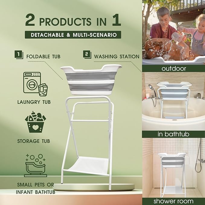 CYGNE 2-in-1 Dog Bathtub & Washing Station, Elevated Collapsible Bathtub with Drainhole & Storage Rack, Foldable Portable Indoor/Outdoor Pet Bathing & Grooming for Small Dogs Cats