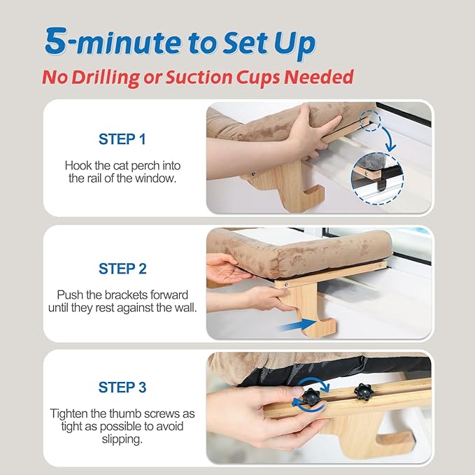 Cat Perch for Window Sill with Bolster - Orthopedic Hammock Design with Premium Hardwood & Robust Metal Frame - Cat Window Seat for Large Cats and Kittens - Dark Stained Wood with Gray Bed