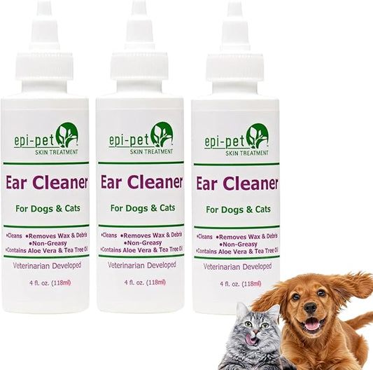 Dog & Cat Ear Cleaner Solution with Aloe Vera & Tea Tree Oil – Removes Itchy Ear Wax, Debris, Odor – Ears Wash, Drops & Flush for Pets, Dog Ears Cleaning, Cat Cleaner (4 oz- Pack of 3)