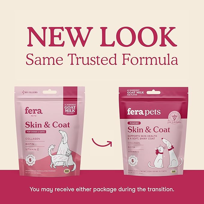 Fera Pets Goat Milk Topper - Cat & Dog Skin and Coat Supplement with Collagen, Biotin & Vitamin C - Helps Maintain Normal Skin Moisture - Promotes a Shiny Coat - for Picky Eaters - 60 TSP