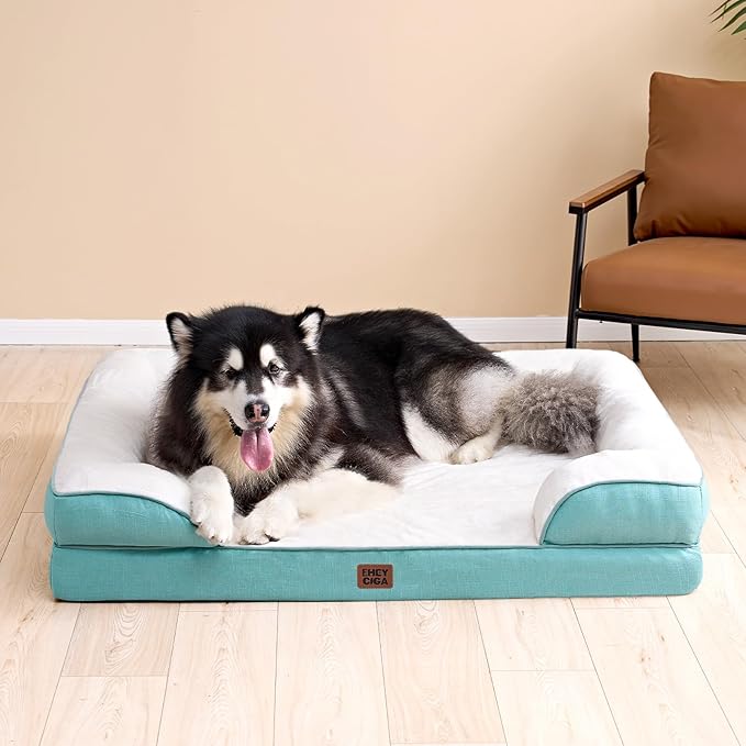 EHEYCIGA Orthopedic Dog Beds for Extra Large Dogs, Waterproof Memory Foam XXL Dog Bed with Sides, Non-Slip Bottom and Egg-Crate Foam Big Pet Couch Bed with Washable Removable Cover, Turquoise Blue