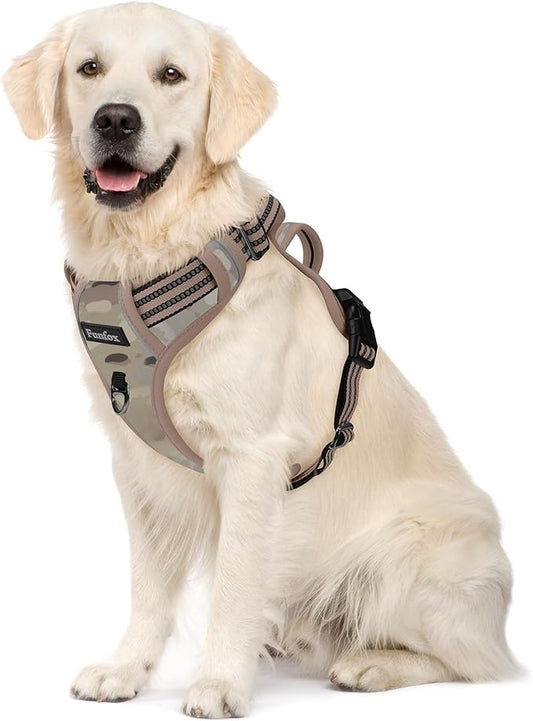 Funfox Dog Harness No Pull, Adjustable Pet Vest Harness, Super Soft Material with Vertical Handle Easy Control, Reflective Night Walking, 2 Leash Clips for Large Dogs, Camo Brown, L