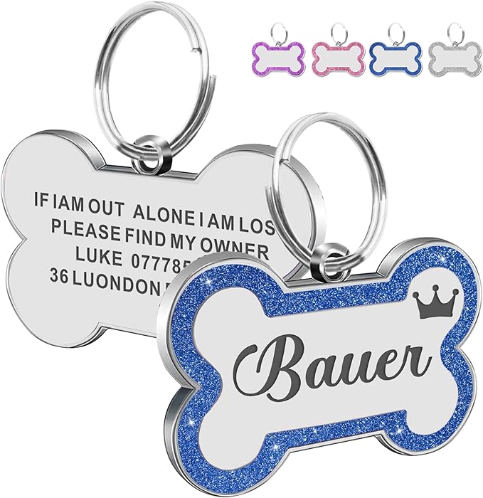 Dog Tags Personalized for Pets Dog Name Tags Personalized Dog Tag Engraved with Any Name & Text Custom Dog ID Tags Glitter Bone ID Tag for Puppy Cat (Blue L, Bone)