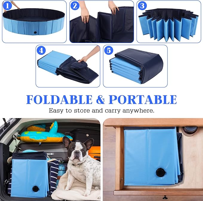 Foldable Dog Bath Swimming Pool Plastic Kiddie Pool Professional Tub Collapsible Grooming Bathtub for Pets Kids Baby and Toddler, 48 x 12 Inches Blue