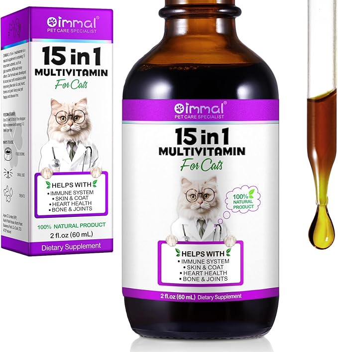Cat Vitamins, 15 in 1 Cat Multivitamin Liquid Drops, Cats Vitamins and Supplements with Glucosamine and Probiotics, Vitamin for Cats Skin Coat, Immunity, Gut Digestion, Joint, Heart, 60ML