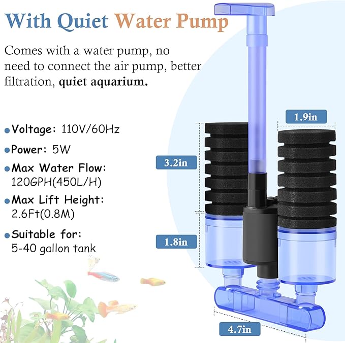 FEDOUR Aquarium Sponge Filter with Water Pump, Quiet Electric Biochemical Filter, with 4pcs Filter Sponge and Ceramic Balls, for up to 40Gallon Fish Tank, Turtle Tank, Shrimp Tank