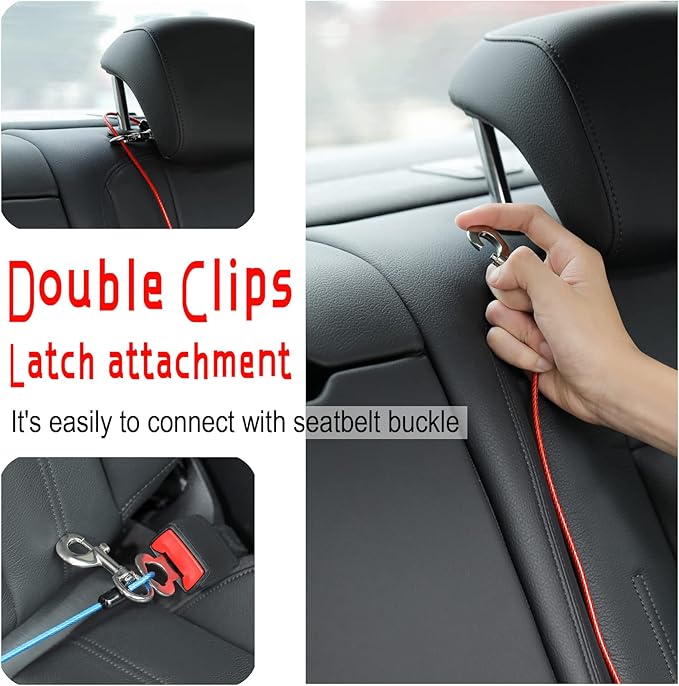 Dog Seat Belt Harness for Car,2pcs Dog Seatbelt of Coated Wire Leash Safety Restraint,No Chew Tether Cable Vehicle Dog Accessories,Double Clips & Latch (2 Pack Black, 16 inch/40 CM)