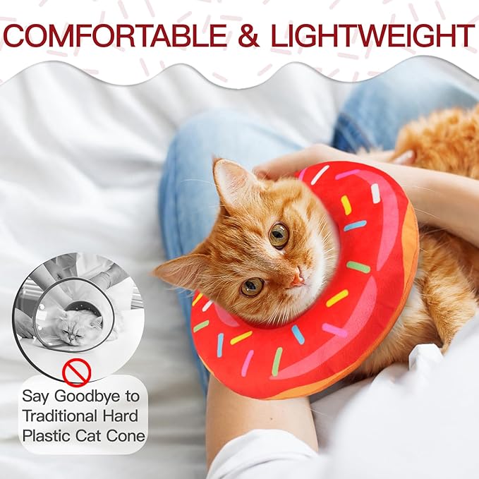 Cat Cone Collar Soft, Cute Cat Donut Collar After Surgery, Adjustable Kitten Recovery Cones to Stop Licking, Lightweight Neck Elizabethan Collars for Cats Kittens (Red, Medium)