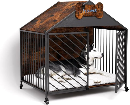Furniture-Style Dog Crate with Gable Roof Design, Double Locking Doors Indoor Kennel for Small & Medium Dogs, Chew-Proof Escape-Proof Dog Cage, Rustic Brown