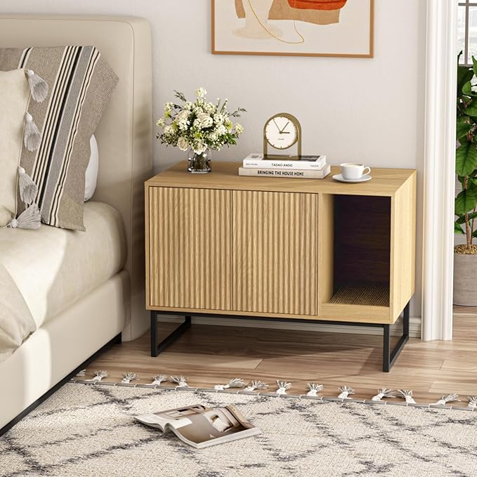 Cat Litter Box Enclosure, Fluted Hidden Litter Box Furniture with Scratch Pad and Metal Legs, Modern Enclosed Cat Cabinet, 31.5 x 17.7 x 21.7 Inches Indoor Pet House for Living Room, Washroom, Natural