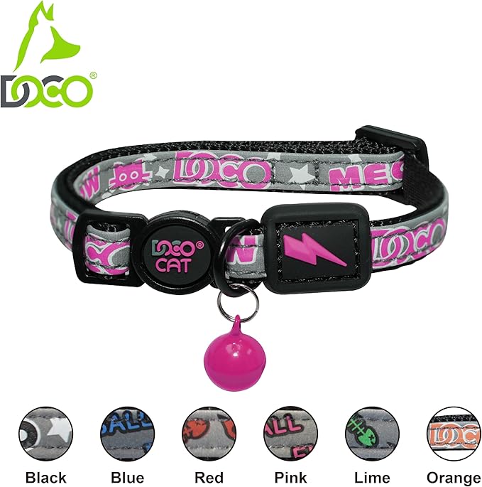 DOCO Cat Collar (Neck Girth - 3/8" x 7.5-12", Weight Upto - 13lb) Reflective Cat Collar with Bell, Breakaway Safety Buckle, Adjustable Nylon Strap for Kittens & Adult Cats (Black)