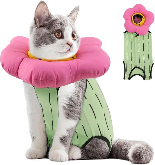 EMUST Cute Cat Recovery Suit and Adjustable Flower Cone Collar Set - Soft Surgical Suit for Abdominal Wounds, Cat Cones After Surgery for Female Kittens Under 4lb (Green)