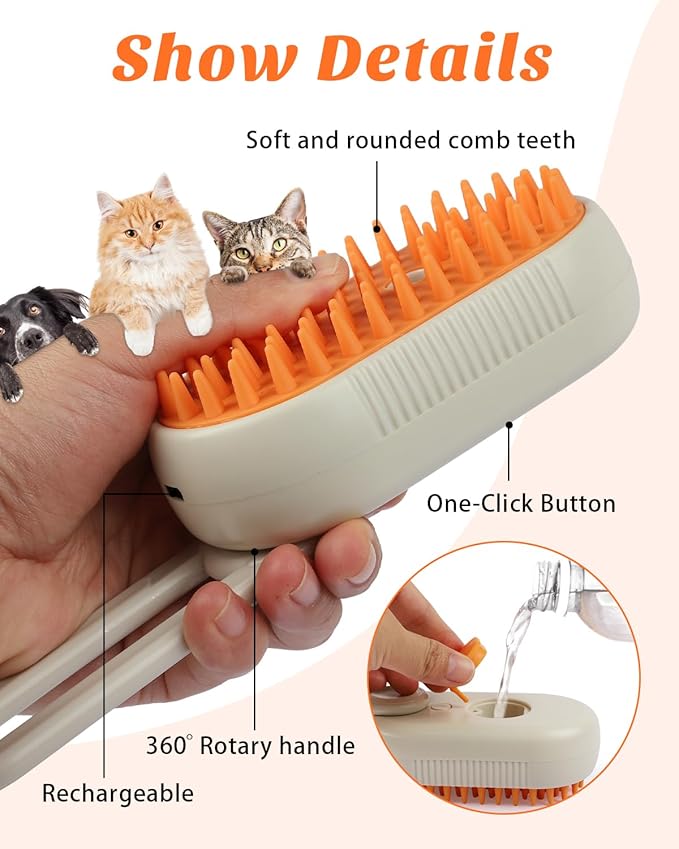 6 in 1 Cat Steam Brush for Shedding, Portable Anti-Static Grooming Comb for Cats & Dogs, Steam Misting Water Brush, Self-Cleaning Pet Hair Remover, Indoor Cat Spray Brushes for Cats & Dogs