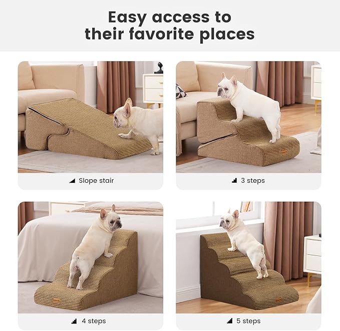Gardner Pet Dog Stairs for Small Dogs 19.7" H, 4-Step Brown Curved Pet Stairs, Dog Steps for High Bed (18-24 in), Couch with Durable Non-Slip Waterproof Fabric Cover and CertiPUR-US Certified Foam
