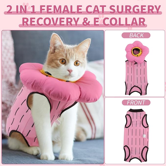 EMUST Cute Cat Recovery Suit & Cone Collar Set - Soft, Adjustable Flower Collar for Female Kittens Under 4lb (Pink, S)