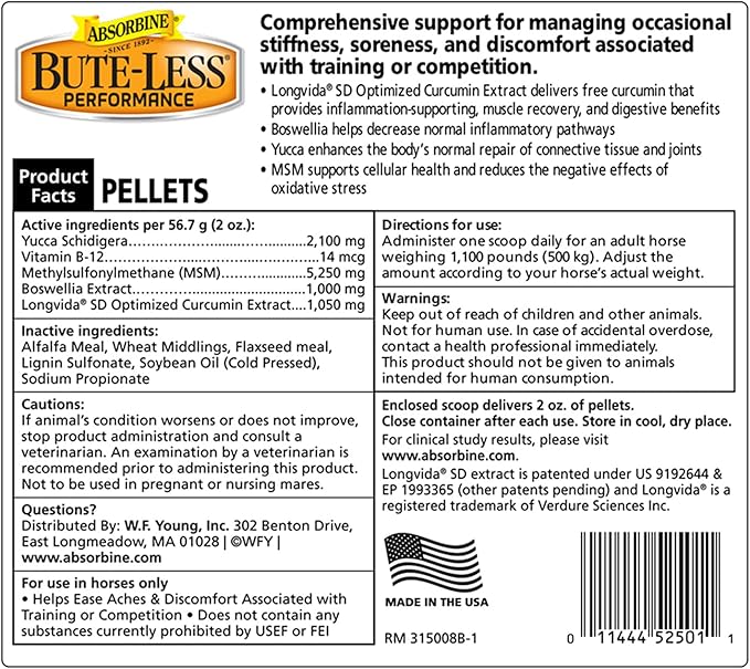 Absorbine Bute-Less Performance Advanced Formula Horse Supplement Pellets, Supports Healthy Inflammatory Response & GI Tract, 3.75lb Tub / 30 Day Supply