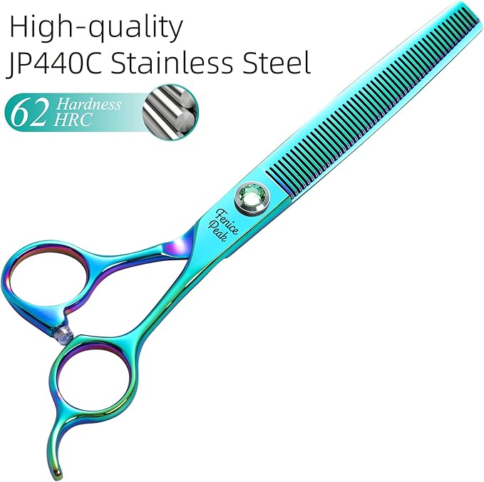 Fenice Peak 7'' Green Thinning Dog Grooming Scissors Pet Shears with Ergonomic Offest Handle and Simulated Emerald Screw 440C Grooming Scissors Trimming Shears Durable and Sharp