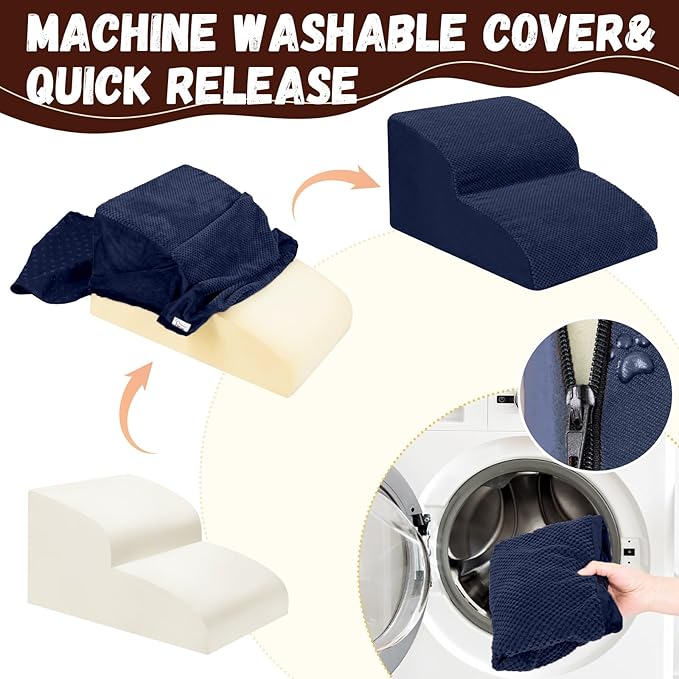 Dog Stairs for Small Dogs - High Density Foam Pet Steps, Extra Wide Dog Ramp with Non-Slip Bottom for High Beds, Couch and Sofa, Best for Dogs Injured, Older Doggy Cats,2 Steps, Navy