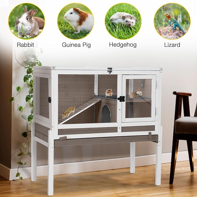 Aivituvin Wooden Guinea Pig Cages Indoor with Removable Stand, Anti Chewing Rabbit Hutch with Ramp and Wire Mesh, 2 Story Small Animals House Habitat with Pull Out Tray (Brown)