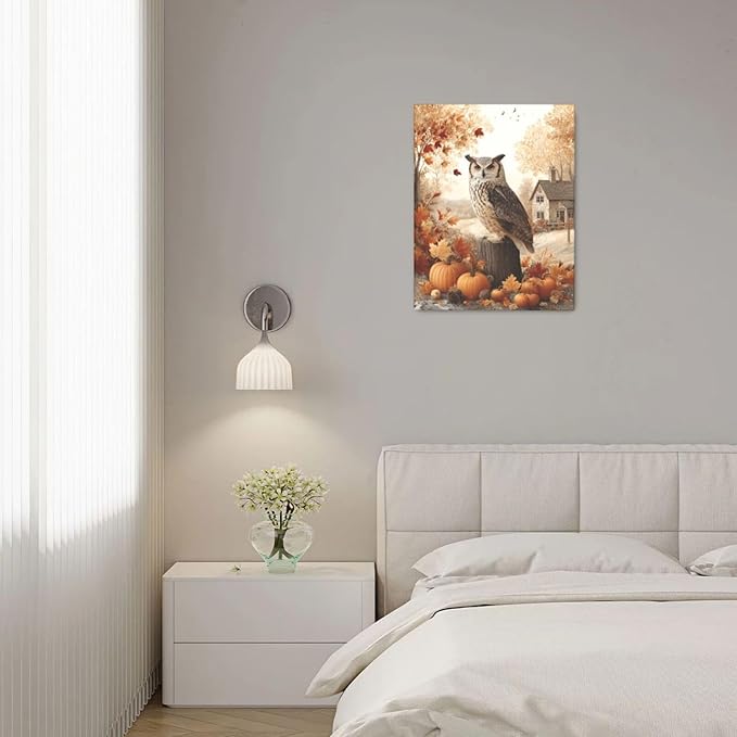 Fall Owl Wall Art Autumn Pumpkin Leaves Wall Decor Rustic Canvas Print Farmhouse Pictures Painting Print Framed Artwork Decorations Gifts for Living Room Bathroom Bedroom Office 16"x20"