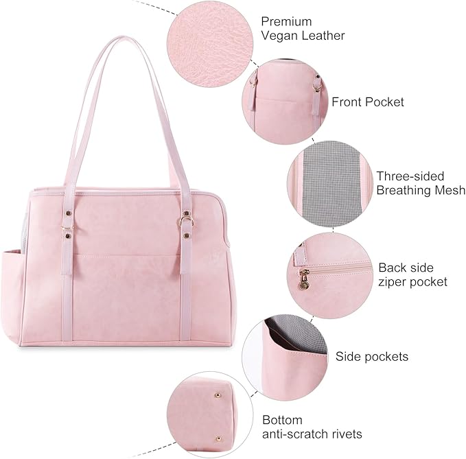 Dog Carrier Purse, Fashion Leather Pet Carrier with Pockets, Airline Approved Soft Sided Dog Carrying Bag for Puppy Cat Dog Pink