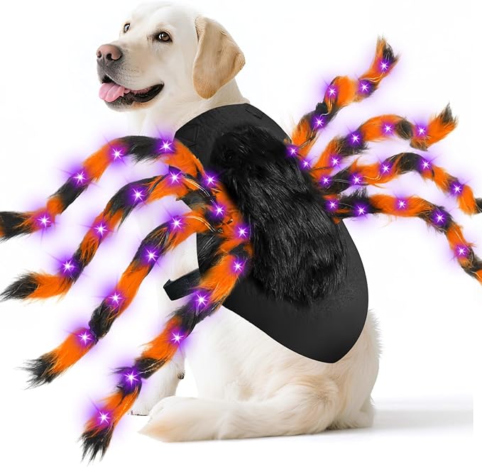 Camlinbo 24 LED Spider Dog Halloween Costume for Small Medium Large Dogs, Furry Spider with LED Lights Puppy Pet Costume Outfits Clothes Funny Halloween Costume Party Cosplay
