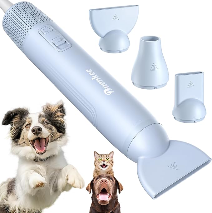 Dog Blow Dryer for Pet Grooming Handheld Lightweight Dog Cat Hair Dryer 3 Speeds 4 Temp, Portable 3HP High Velocity Pet Blower Quiet Dryer for Travel Campaign Home, with 3 Nozzles, Blue