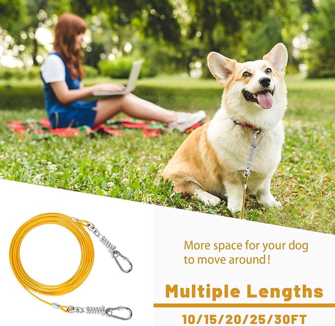 Dog Tie Out Cable - 10/15/20/25/30FT Heavy Duty for Large Dogs Up to 250LBS - Rosy Pink/Blue/Purple/Silver/Red/Green/Yellow