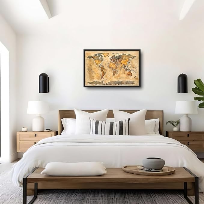 Extra Large World Map Framed Wall Art for Living Room,Oversized Vintage Map of The World Pictures Wall Decor,Canvas Print Painting Modern Artwork Bedroom Office Bathroom 36L" x 24W"