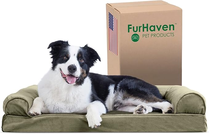 Furhaven Cooling Gel Dog Bed for Large/Medium Dogs w/ Removable Bolsters & Washable Cover, For Dogs Up to 55 lbs - Faux Fur & Velvet Sofa - Dark Sage, Large