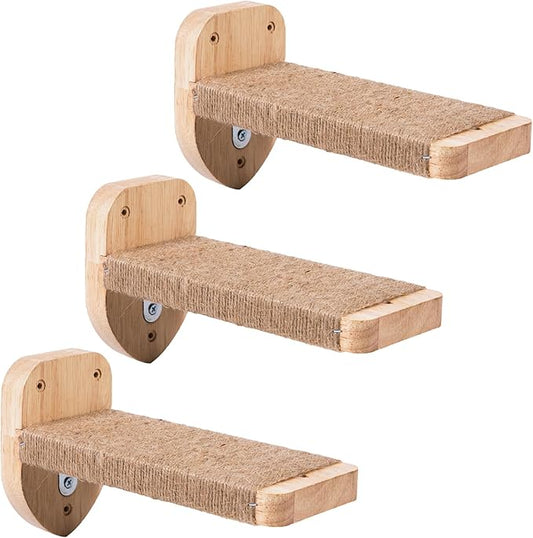 3pcs Cat Wall Steps, Climbing Mounted Furniture, Shelves With Hemp Rope Covered, Solid Wood Ladder for Playing and Climbing (Large-Wood)