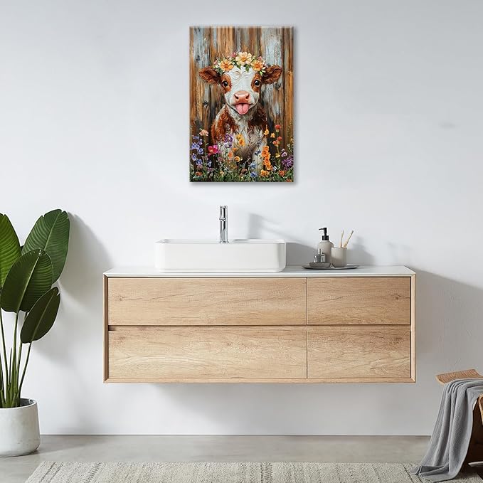 Funny Cow Bathroom Pictures Wall Art, Rustic Brown Cute Cow Bathroom Wall Decor, Farmhouse Floral Framed Painting Animal Flower Canvas Artwork for Bedroom Living Room Decorations 24"L x 16"W
