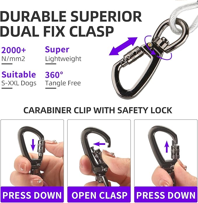 Dog tie Out Cable, 10/20/25/30/50/70/100 feet, Suitable for Dogs up to 350 pounds, Dog Cable with Swivel Buckle, Lightweight, Non-Winding, for Outdoor Camping, Yard Dog Cable (White, 100FT)