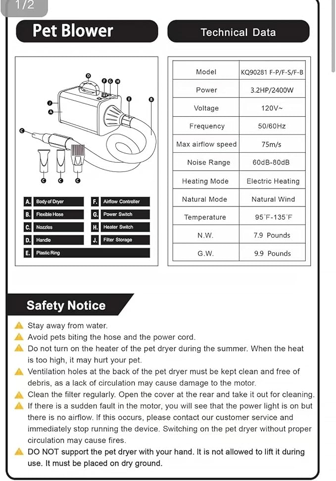 2400w 75m/s Dog Dryer for Pet Grooming, High Velocity Pet Hair Dryer with Heater, Adjustable Speed, 4 Nozzles and a Comb, Purple