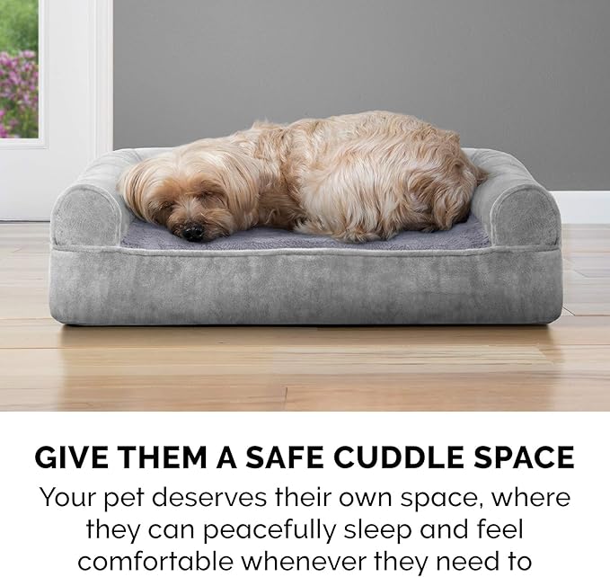 Furhaven Cooling Gel Dog Bed for Large Dogs w/ Removable Bolsters & Washable Cover, For Dogs Up to 95 lbs - Faux Fur & Velvet Sofa - Smoke Gray, Jumbo/XL