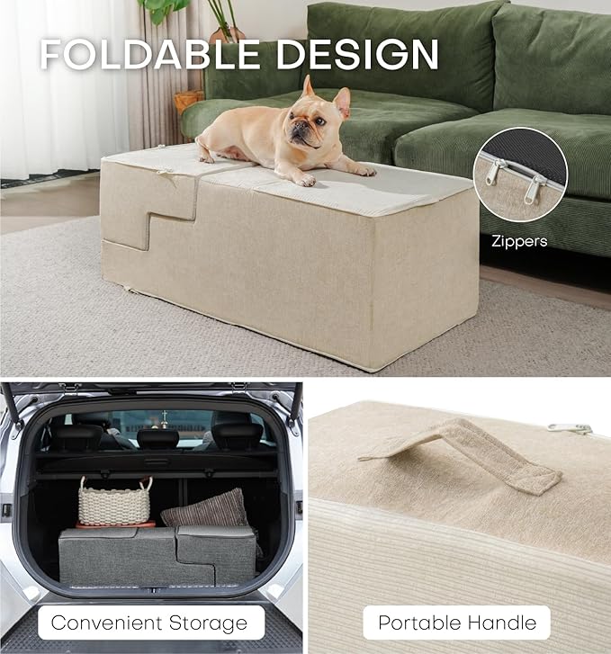 Dog Stairs for High Bed, Dog Steps for Bed Couch Sofa, 35D Foam Extra Wide Pet Steps for Small Dogs and Cats, Pet Stairs with Non-Slip Bottom Beige, 5 Steps