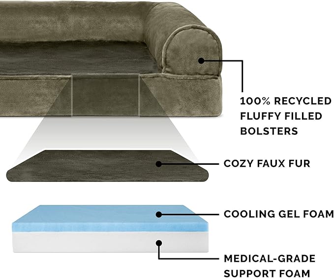 Furhaven Cooling Gel Dog Bed for Large Dogs w/ Removable Bolsters & Washable Cover, For Dogs Up to 125 lbs - Faux Fur & Velvet Sofa - Dark Sage, Jumbo Plus/XXL