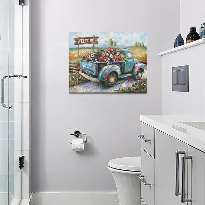 Farmhouse Truck Wall Art Rustic Country Wildflowers Wall Decor Road Flowers Landscape Pictures Canvas Print Painting Artwork for Bathroom Living Room Bedroom 12"x16"
