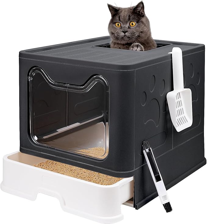 Foldable Cat Litter Box with Lid, Enclosed Potty, Large Top Entry Anti-Splashing Toilet, Easy to Clean Including Litter Scoop and 2-in-1 Cleaning Brush (Black)