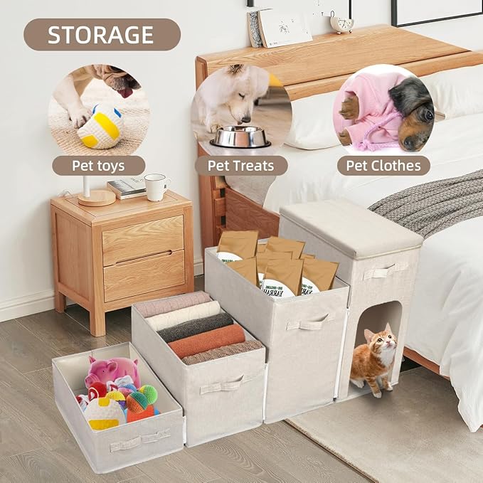 Dog Stairs with Storage, Folding Pet Steps with Zip for Small Dogs and Cats, 4-Step Pet Stairs with Pet House for High Bed, Couch and Car Ramp, Up to 200 Lbs (Beige, 4 Steps with Condo)