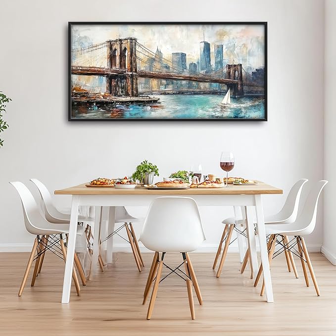 Extra Large Framed Brooklyn Bridge Wall Art,New York City Wall Decor,Abstract Skyline Cityscape Pictures for Living Room,Canvas Print Painting Modern Artwork Bedroom Office Bathroom 60L x30W