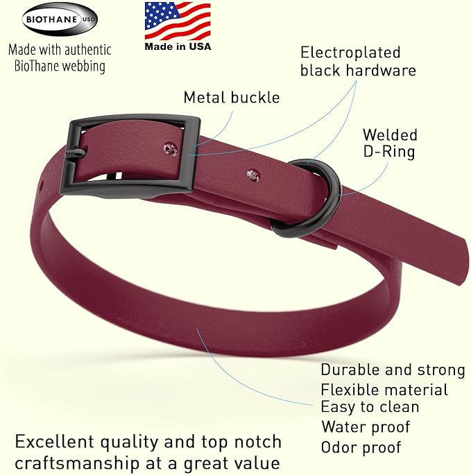 Dogline Biothane Waterproof Dog Collar Strong Coated Nylon Webbing with Black Hardware Odor- Proof for Easy Care Easy to Clean High Performance Fits Small Medium or Large Dogs, Merlot Burgundy