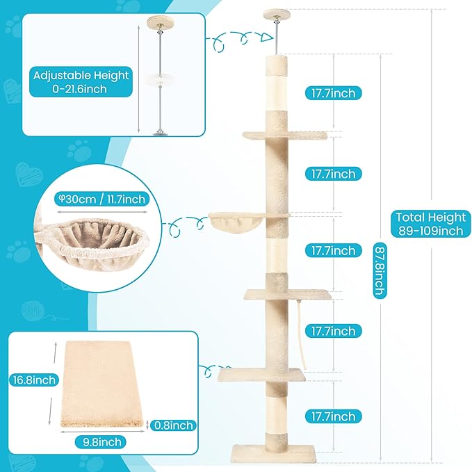 Cat Tree 5-Tier Floor to Ceiling, 89-109 Inch Adjustable Height Cat Tower with Cozy Hammock, Cat Climbing Tree for Indoor Cats, Beige